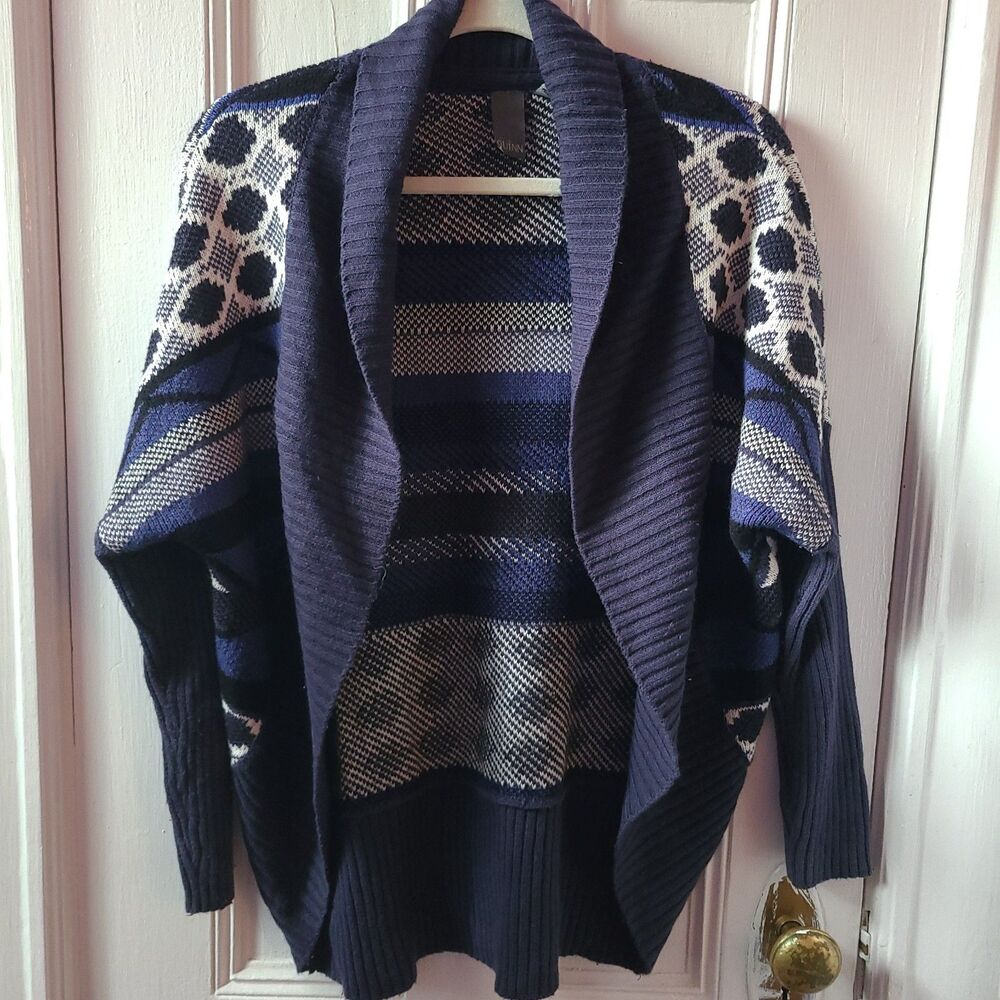 Quinn Women’s Navy/Blue/White Geometric Shawl Collar Open-Front Knit Cardigan M